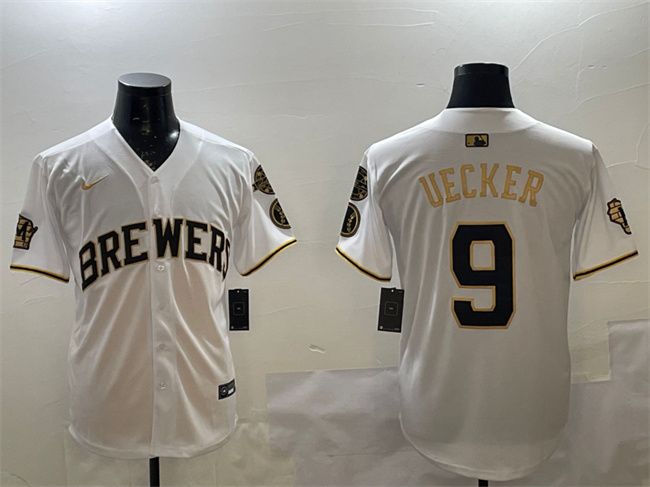 Milwaukee Brewers #9 Bob Uecker White Gold With Home Patch Limited Stitched Baseball Jersey Milwaukee Brewers #9 Bob Uecker White Gold With Home Patch Limited Stitched Baseball Jersey