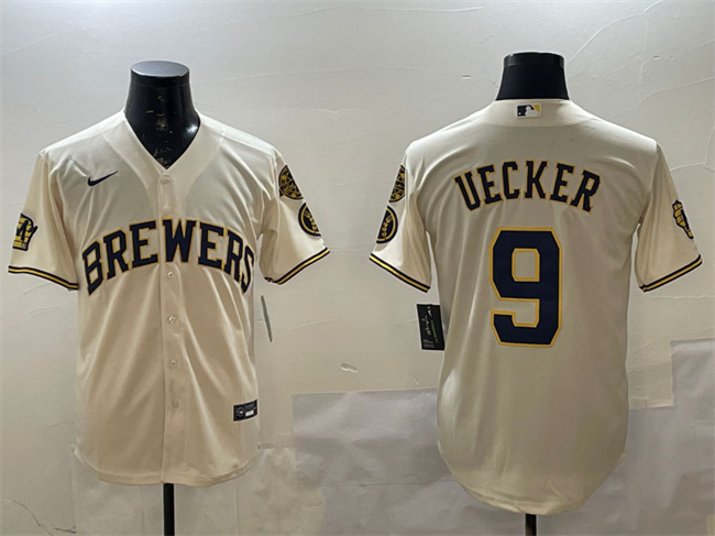 Milwaukee Brewers #9 Bob Uecker Cream With Home Patch Stitched Baseball Jersey