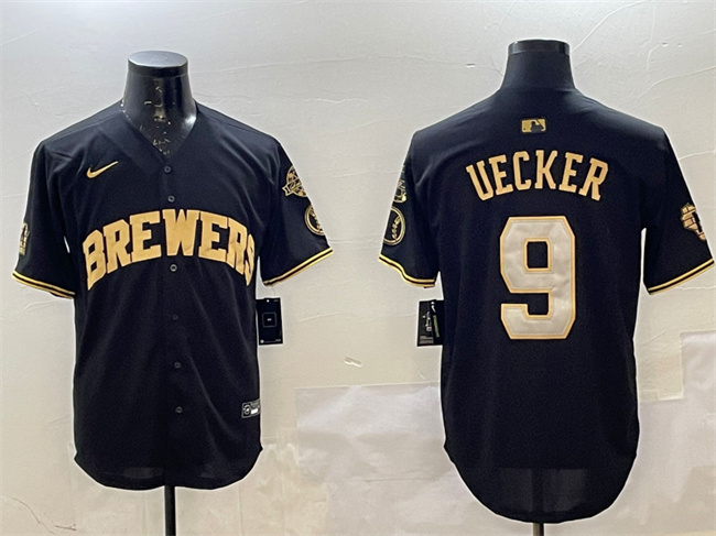 Milwaukee Brewers #9 Bob Uecker Black Gold With Home Patch Limited Stitched Baseball Jersey Milwaukee Brewers #9 Bob Uecker Black Gold With Home Patch Limited Stitched Baseball Jersey