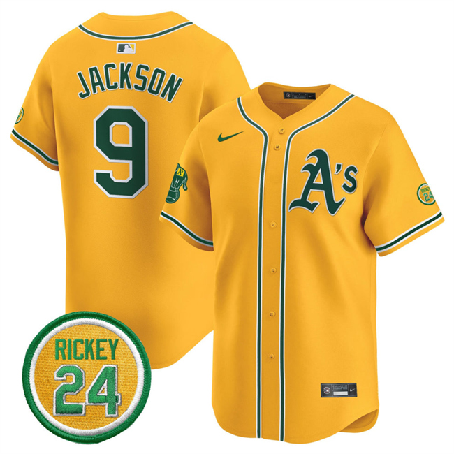 Oakland Athletics #9 Reggie Jackson Yellow 2024 Limited With Rickey Henderson Patch Stitched Jersey