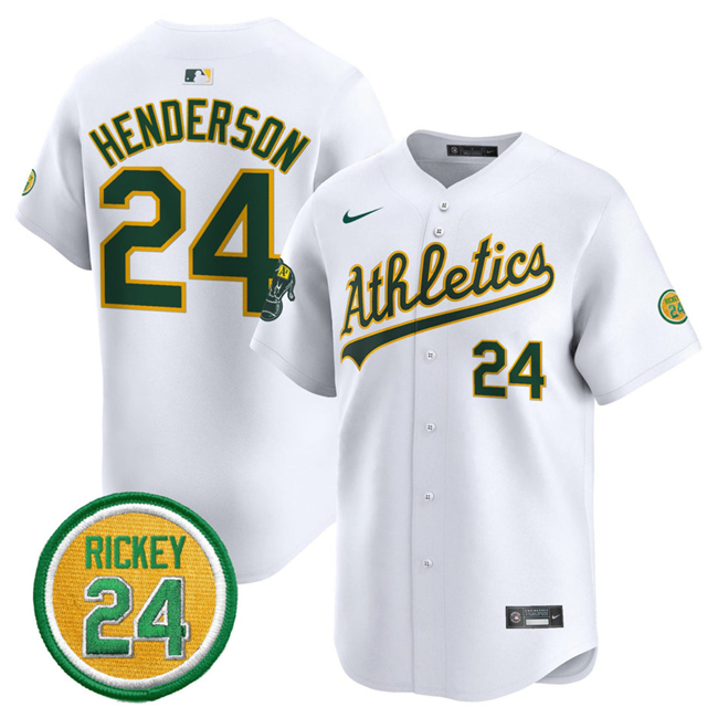 Oakland Athletics #24 Rickey Henderson White 2024 Home Limited With Rickey Henderson Patch Stitched Jersey