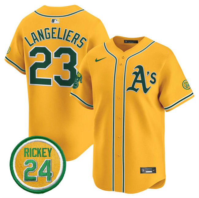 Oakland Athletics #23 Shea Langeliers Yellow 2024 Limited With Rickey Henderson Patch Stitched Jersey