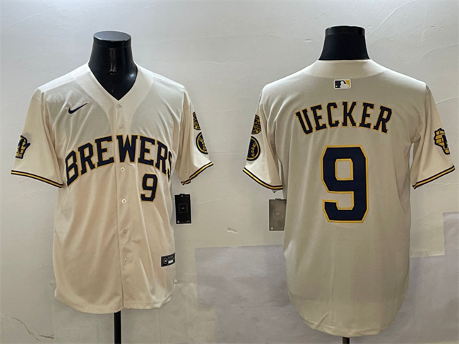Milwaukee Brewers #9 Bob Uecker Cream With Home Patch Limited Stitched Baseball Jersey