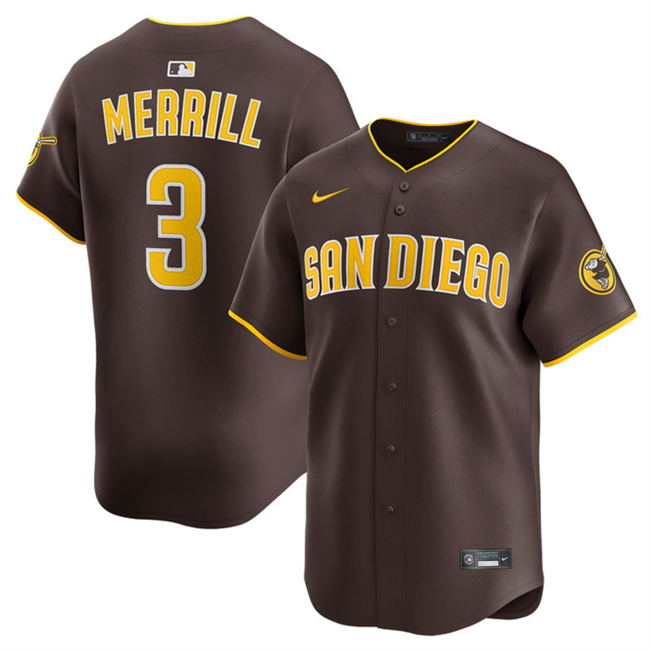 San Diego Padres #3 Jackson Merrill Brown 2024 Away Limited Stitched Baseball Jersey San Diego Padres #3 Jackson Merrill Brown 2024 Away Limited Stitched Baseball Jersey