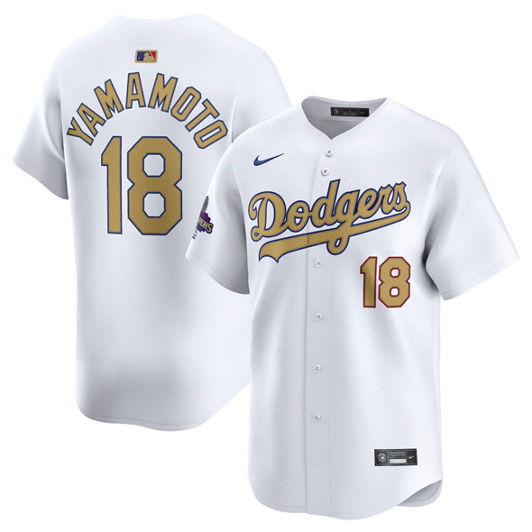 Los Angeles Dodgers #18 Yoshinobu Yamamoto White 2025 Gold Collection Limited Stitched Baseball Jersey