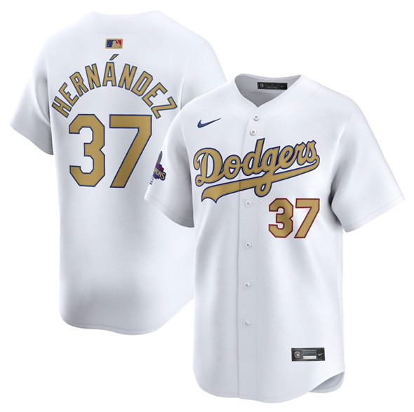 Los Angeles Dodgers #37 Teoscar Hernandez White 2025 Gold Collection Limited Stitched Baseball Jersey