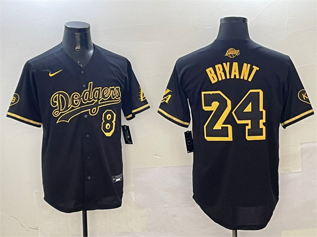 Los Angeles Dodgers Front #8 Back #24 Kobe Bryant Black Gold Stitched Jersey