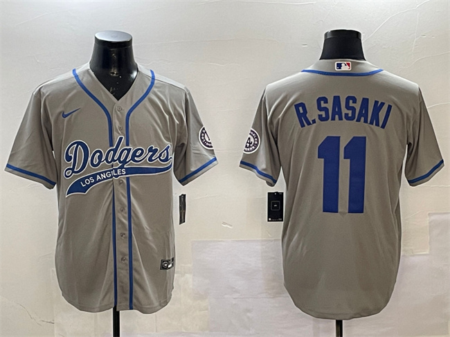 Los Angeles Dodgers #11 Roki Sasaki Gray With Patch Cool Base Stitched Baseball Jersey Los Angeles Dodgers #11 Roki Sasaki Gray With Patch Cool Base Stitched Baseball Jersey