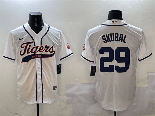 Detroit Tigers #29 Tarik Skubal White With Patch Cool Base Stitched Baseball Jersey