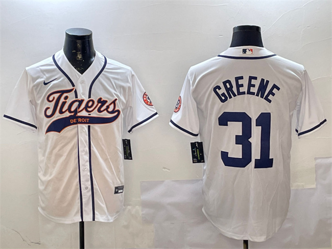 Detroit Tigers #31 Riley Greene White With Patch Cool Base Stitched Baseball Jersey