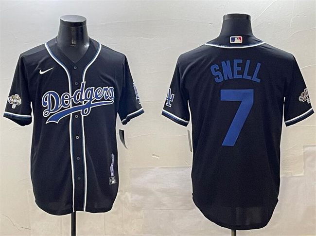 Los Angeles Dodgers #7 Blake Snell Black 2024 World Series Champions Cool Base Stitched Baseball Jersey
