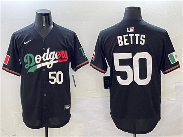 Los Angeles Dodgers #50 Mookie Betts Black Mexico Flag Limited Stitched Baseball Jersey