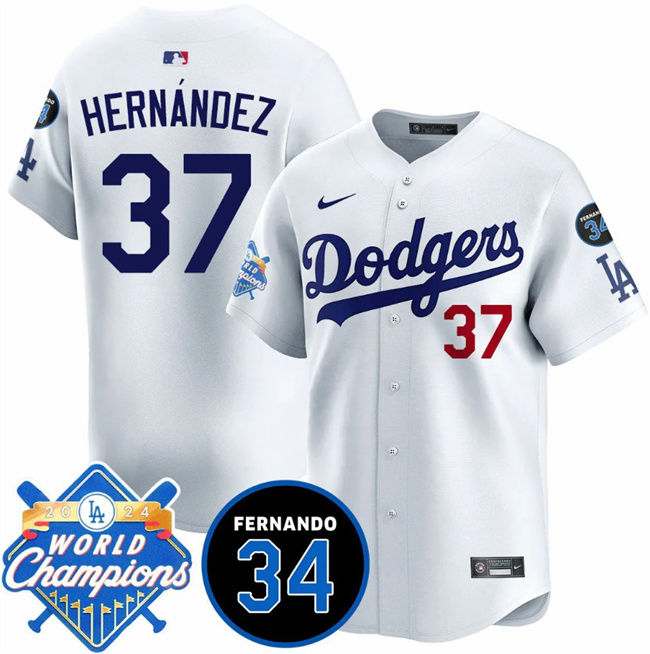 Los Angeles Dodgers #37 Teoscar Hernandez White 2024 World Champions & Fernando Memorial Patch Vapor Premier Home Limited Stitched Baseball Jersey