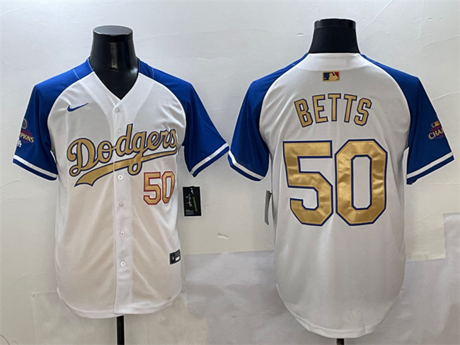 Los Angeles Dodgers #50 Mookie Betts White Royal Gold 2024 World Series Champions Vapor Limited Stitched Baseball Jersey