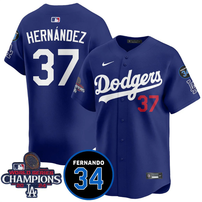 Los Angeles Dodgers #37 Teoscar Hernandez Royal 2024 World Series Champions With Fernando Memorial Patch Vapor Premier Limited Stitched Baseball Jersey