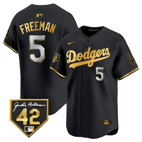 Los Angeles Dodgers #5 Freddie Freeman Black Gold With Jackie Robinson Patch Limited Stitched Baseball Jersey