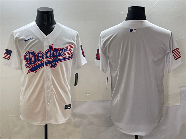 Los Angeles Dodgers Blank White With American Flag Patch Limited Stitched Baseball Jersey