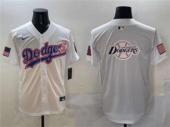 Los Angeles Dodgers Team Big Logo White With American Flag Patch Limited Stitched Baseball Jersey