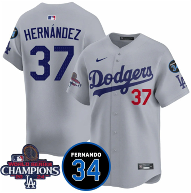 Los Angeles Dodgers #37 Teoscar Hernandez Gray 2024 World Series Champions With Fernando Memorial Patch Vapor Premier Limited Stitched Baseball Jersey