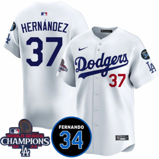Los Angeles Dodgers #37 Teoscar Hernandez White 2024 World Series Champions With Fernando Memorial Patch Vapor Premier Home Limited Stitched Baseball Jersey