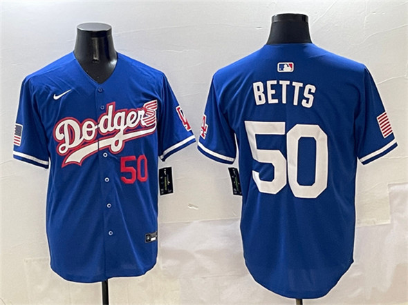 Los Angeles Dodgers #50 Mookie Betts Royal With American Flag Patch Limited Stitched Baseball Jersey