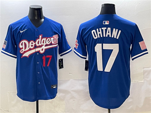 Los Angeles Dodgers #17 Shohei Ohtani Royal With American Flag Patch Limited Stitched Baseball Jersey Los Angeles Dodgers #17 Shohei Ohtani Royal With American Flag Patch Limited Stitched Baseball Jersey