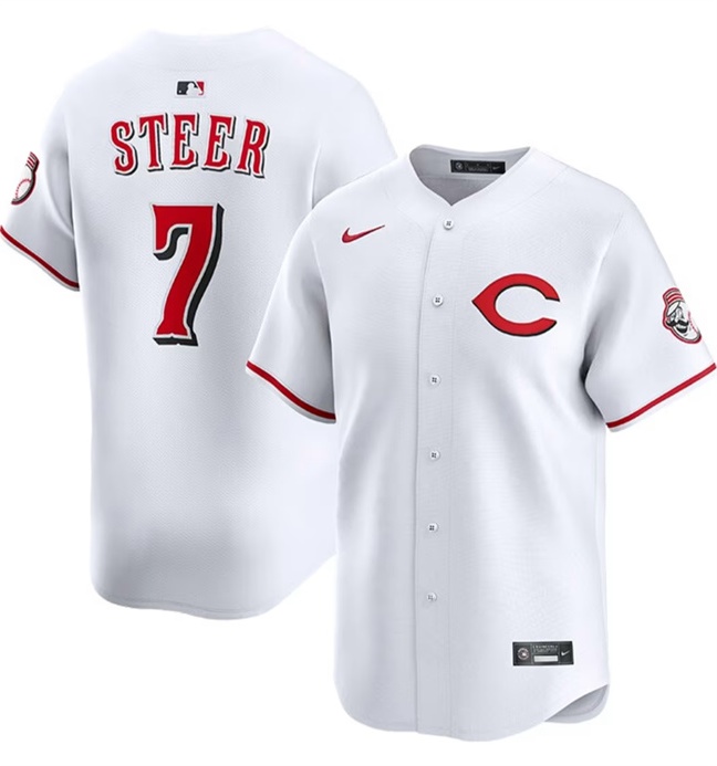 Cincinnati Reds #7 Spencer Steer White 2025 Home Limited Stitched Baseball Jersey Cincinnati Reds #7 Spencer Steer White 2025 Home Limited Stitched Baseball Jersey