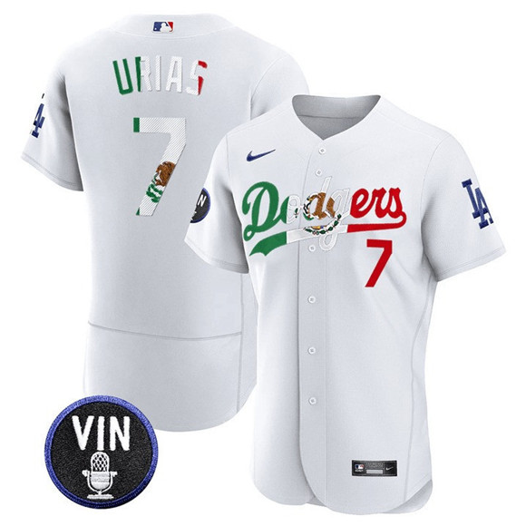 Los Angeles Dodgers #7 Julio Urias White Mexico Special Vin Scully Patch Flex Base Stitched Baseball Jersey