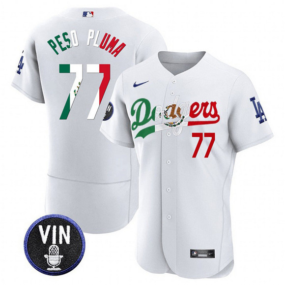 Los Angeles Dodgers #77 Pezo Pluma White Mexico Special Vin Scully Patch Flex Base Stitched Baseball Jersey