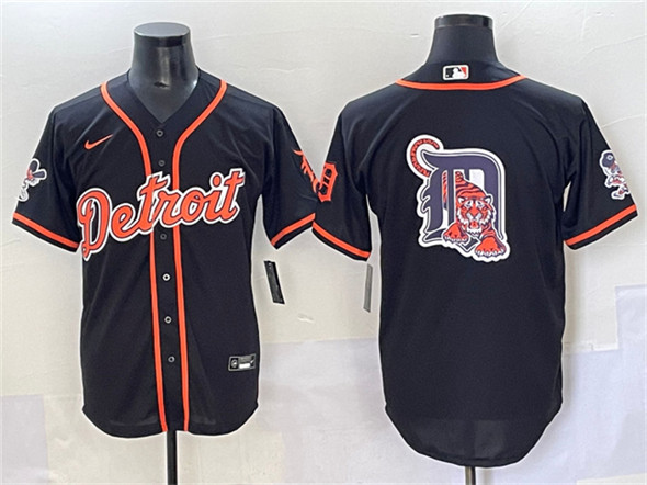 Detroit Tigers Team Big Logo Black With Patch Cool Base Stitched Baseball Jersey Detroit Tigers Team Big Logo Black With Patch Cool Base Stitched Baseball Jersey