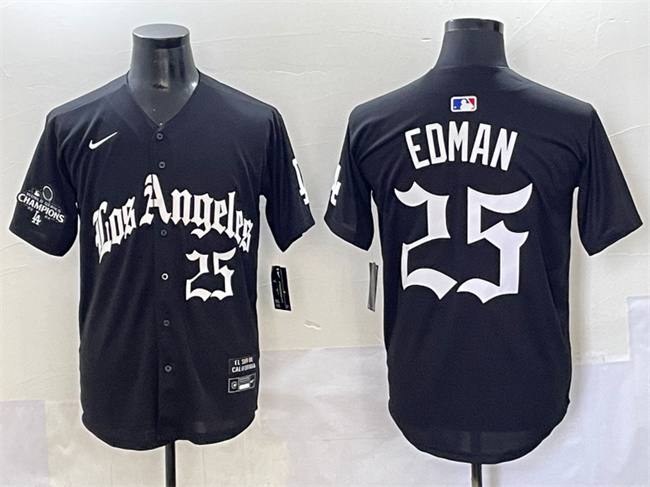 Los Angeles Dodgers #25 Tommy Edman Black Mexico 2025 LA Gothic Style With 2024 World Series Champions Patch Vapor Premier Limited Stitched Baseball Jersey Los Angeles Dodgers #25 Tommy Edman Black Mexico 2025 LA Gothic Style With 2024 World Series Champions Patch Vapor Premier Limited Stitched Baseball Jersey
