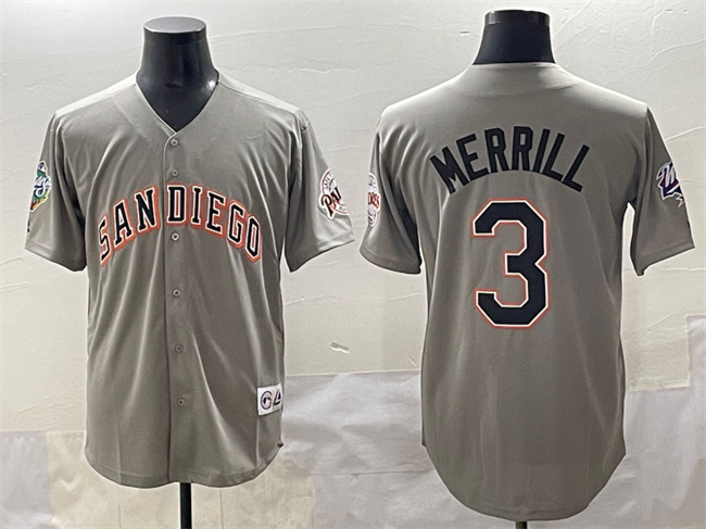 San Diego Padres #3 Jackson Merrill Gray Fashion Throwback With Patch Cool Base Stitched Jersey San Diego Padres #3 Jackson Merrill Gray Fashion Throwback With Patch Cool Base Stitched Jersey