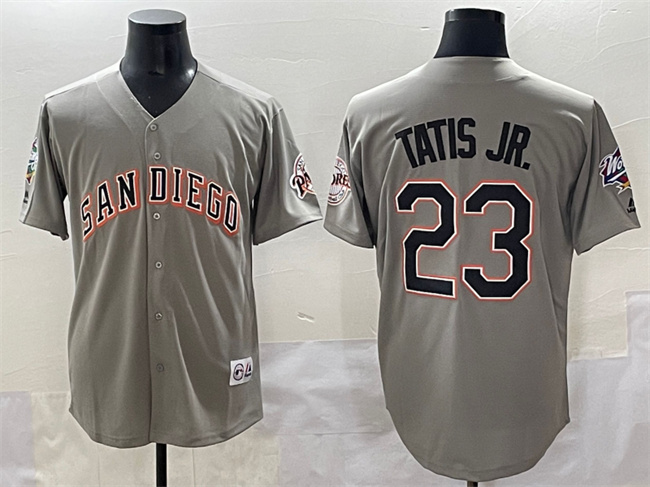 San Diego Padres #23 Fernando Tatis Jr. Gray Fashion Throwback With Patch Cool Base Stitched Jersey San Diego Padres #23 Fernando Tatis Jr. Gray Fashion Throwback With Patch Cool Base Stitched Jersey
