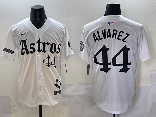 Houston Astros #44 Yordan Alvarez White Gothic 'Houston Born Barrio Raised' Limited Stitched Baseball Jersey Houston Astros #44 Yordan Alvarez White Gothic 'Houston Born Barrio Raised' Limited Stitched Baseball Jersey