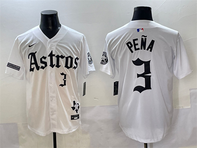 Houston Astros #3 Jeremy Pena White Gothic 'Houston Born Barrio Raised' Limited Stitched Baseball Jersey Houston Astros #3 Jeremy Pena White Gothic 'Houston Born Barrio Raised' Limited Stitched Baseball Jersey