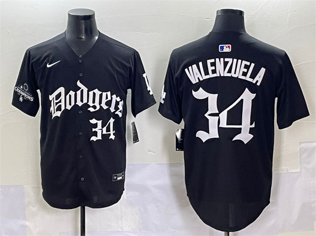 Los Angeles Dodgers #34 Fernando Valenzuela Black 2025 LA Gothic Style With 2024 World Series Champions Patch Vapor Premier Limited Stitched Baseball Jersey Los Angeles Dodgers #34 Fernando Valenzuela Black 2025 LA Gothic Style With 2024 World Series Champions Patch Vapor Premier Limited Stitched Baseball Jersey