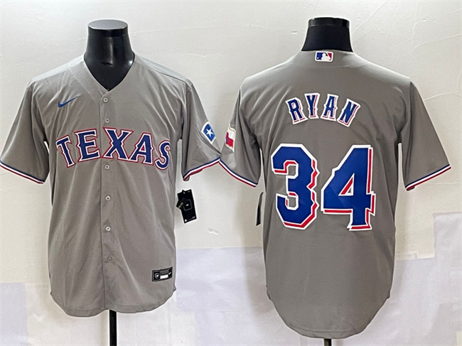 Texas Rangers #34 Nolan Ryan Grey With Patch Cool Base Stitched Baseball Jersey