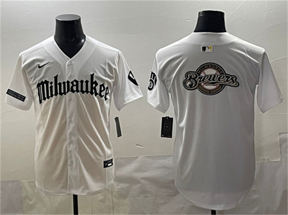 Milwaukee Brewers Team Big Logo White 'Gothic 414 Shadows Edition' Vapor Premier Limited Stitched Jersey Milwaukee Brewers Team Big Logo White 'Gothic 414 Shadows Edition' Vapor Premier Limited Stitched Jersey