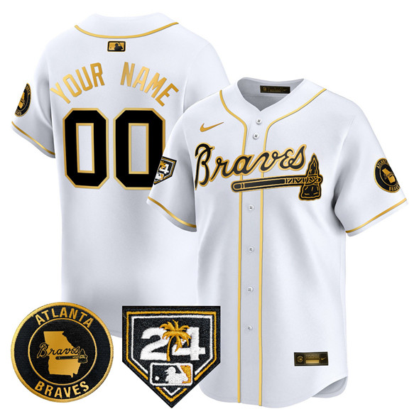 Atlanta Braves Customized White Gold 2024 Spring Training Patch Limited Stitched Baseball Jersey