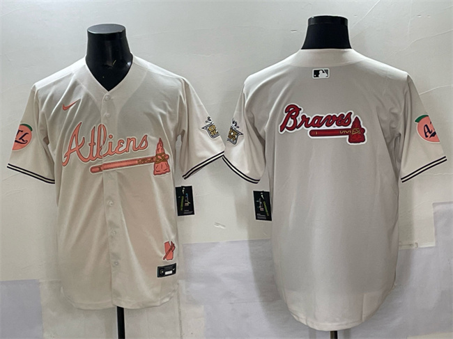 Atlanta Braves Team Big Logo Cream 2024 Atliens & Peach With Outkast Patch Vapor Limited Stitched Baseball Jersey Atlanta Braves Team Big Logo Cream 2024 Atliens & Peach With Outkast Patch Vapor Limited Stitched Baseball Jersey