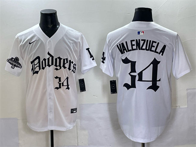 Los Angeles Dodgers #34 Fernando Valenzuela White 2025 LA Gothic Style With 2024 World Series Champions Patch Vapor Premier Limited Stitched Baseball Jersey Los Angeles Dodgers #34 Fernando Valenzuela White 2025 LA Gothic Style With 2024 World Series Champions Patch Vapor Premier Limited Stitched Baseball Jersey