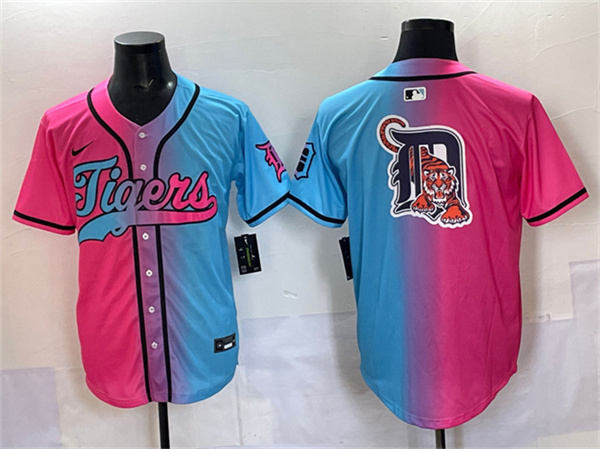 Detroit Tigers Team Big Logo Pink Blue Limited Stitched Baseball Jersey