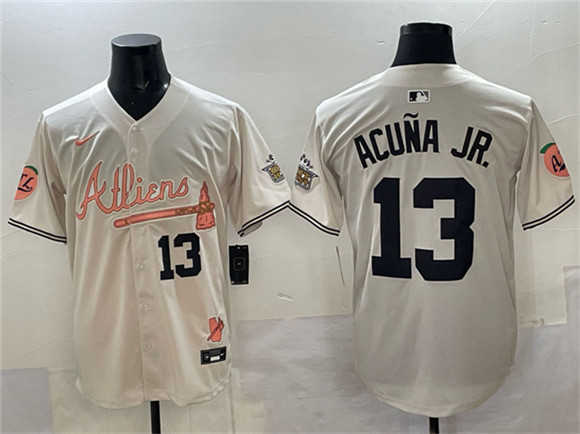 Atlanta Braves #13 Ronald Acu?a Jr. Cream 2024 Atliens & Peach With Outkast Patch Vapor Limited Stitched Baseball Jersey