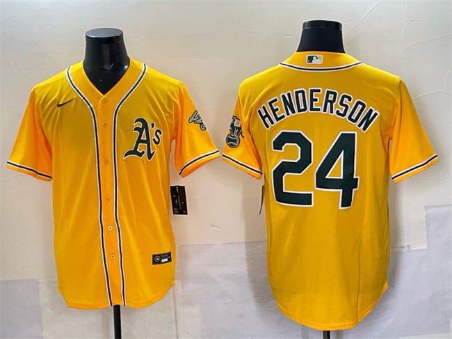 Oakland Athletics #24 Rickey Henderson Yellow With Patch Stitched Baseball Jersey