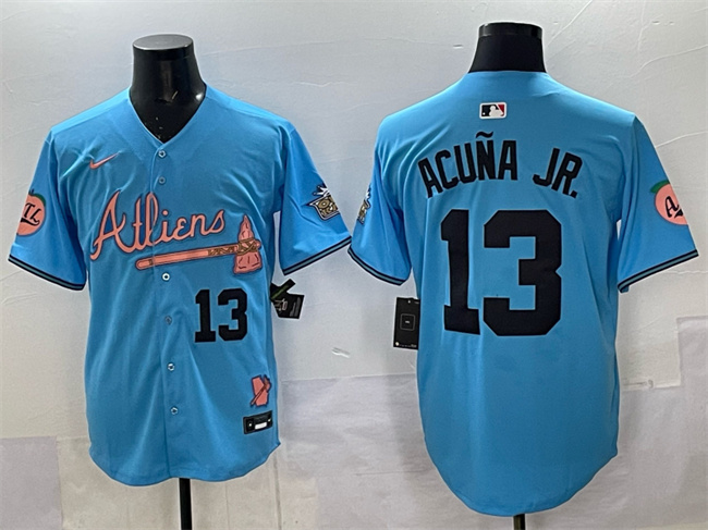 Atlanta Braves #13 Ronald Acuna Jr. Blue 2024 Atliens & Peach With Outkast Patch Vapor Limited Stitched Baseball Jersey