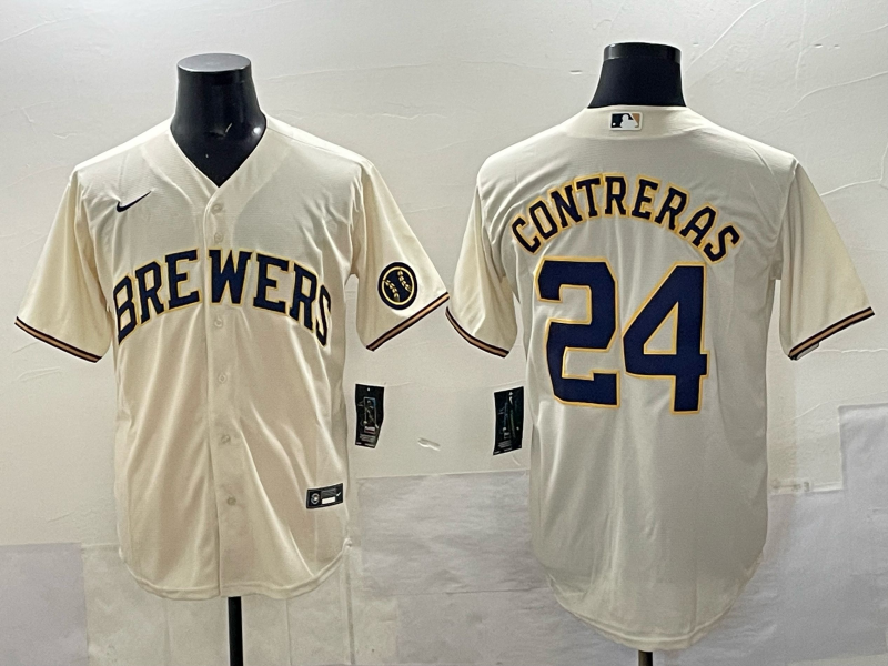 Milwaukee Brewers #24 William Contreras Cream With Patch Stitched Baseball Jersey