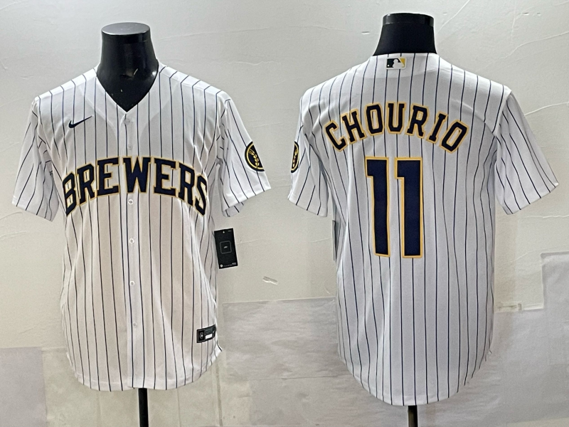 Milwaukee Brewers #11 Jackson Chourio White Pinstripe 2025 With Patch Stitched Baseball Jersey