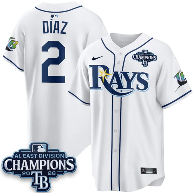 Tampa Bay Rays #2 Yandy Diaz White 2026 AL East Champions Patch Limited Stitched Baseball Jersey Tampa Bay Rays #2 Yandy Diaz White 2026 AL East Champions Patch Limited Stitched Baseball Jersey