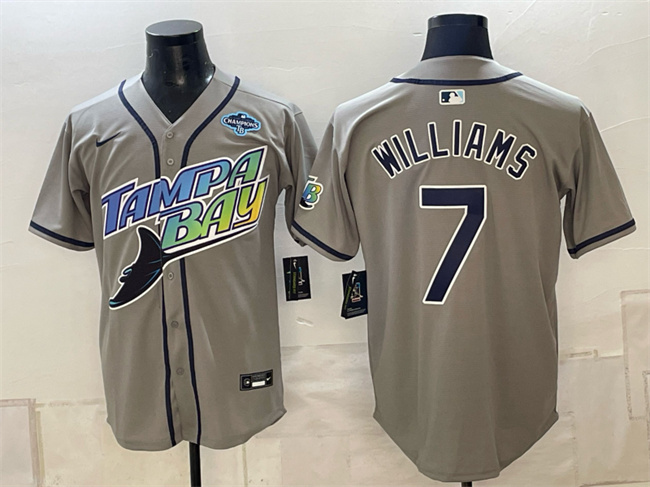 Tampa Bay Rays #7 Carson Williams Gray 2026 AL East Champions Patch Vapor Limited Stitched Baseball Jersey Tampa Bay Rays #7 Carson Williams Gray 2026 AL East Champions Patch Vapor Limited Stitched Baseball Jersey