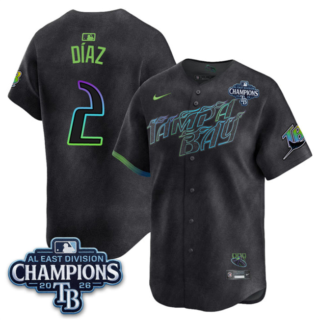 Tampa Bay Rays #2 Yandy Diaz Charcoal 2026 AL East Champions Patch City Connect Limited Stitched Baseball Jersey Tampa Bay Rays #2 Yandy Diaz Charcoal 2026 AL East Champions Patch City Connect Limited Stitched Baseball Jersey